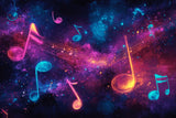 Design file showing vibrant neon musical notes floating in a deep galaxy pattern