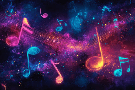 Design file showing vibrant neon musical notes floating in a deep galaxy pattern