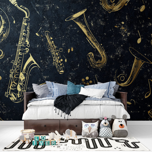 Jazz instruments wallpaper creating a bold statement in a modern living room with black and gold accents