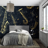 Musical wall mural showcasing golden instruments in a cozy music studio setting