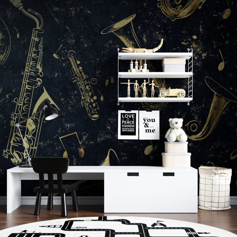 Black and gold jazz wallpaper bringing elegance to a restaurant dining area