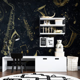 Black and gold jazz wallpaper bringing elegance to a restaurant dining area