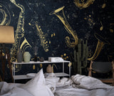 Musical instruments mural adding sophistication to a piano room