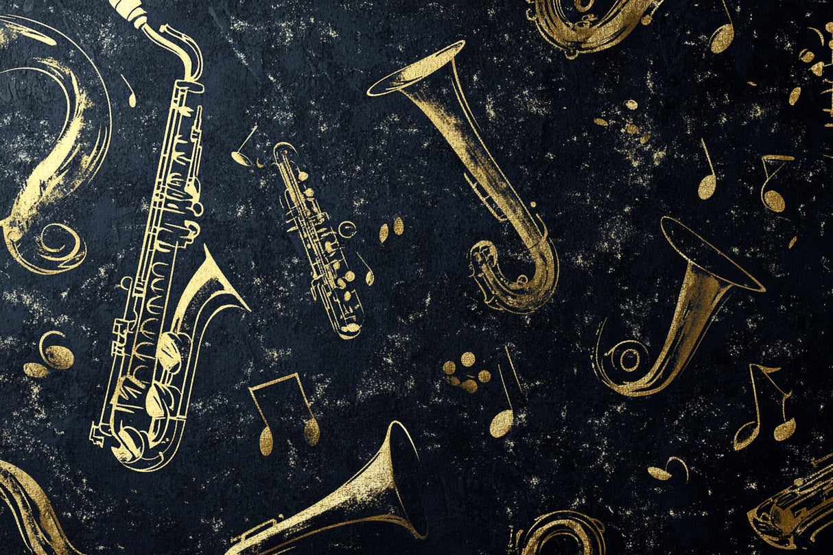 Design file showing detailed golden jazz instruments pattern on black background