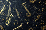 Design file showing detailed golden jazz instruments pattern on black background