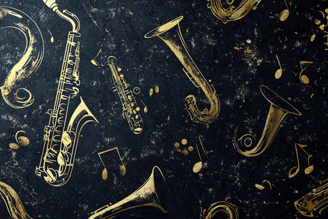 Design file showing detailed golden jazz instruments pattern on black background