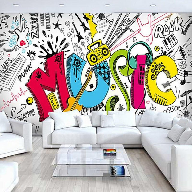 Music graffiti wallpaper bringing urban style to a modern teen bedroom, with colorful street art elements and musical symbols