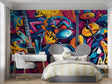 Music graffiti wallpaper creating bold impact in modern teen bedroom with colorful instruments and street art style