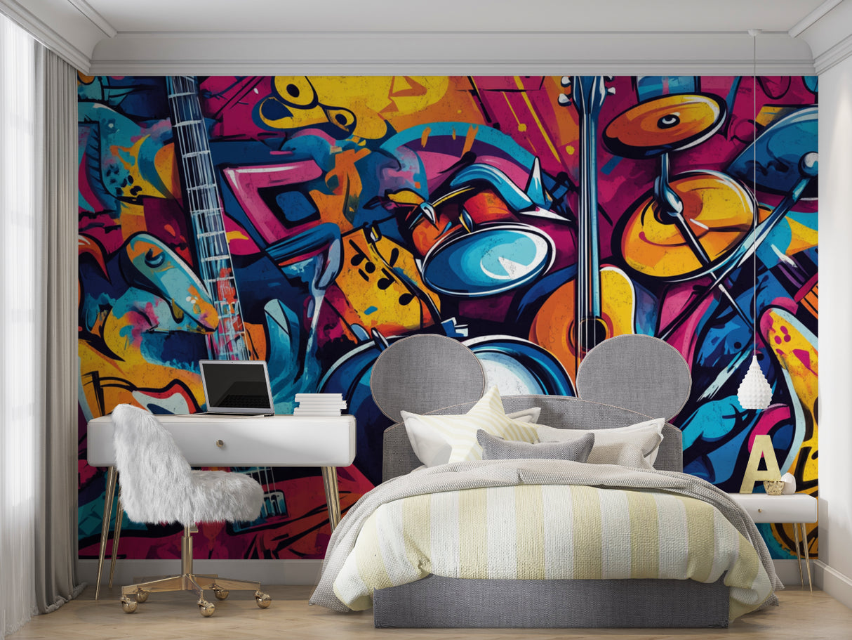 Music graffiti wallpaper creating bold impact in modern teen bedroom with colorful instruments and street art style