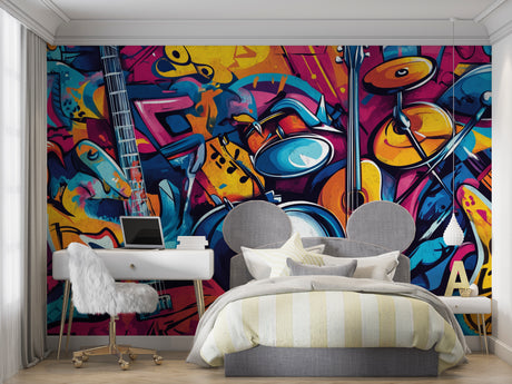 Music graffiti wallpaper creating bold impact in modern teen bedroom with colorful instruments and street art style