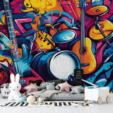 Street art music mural installed in home recording studio showing vibrant graffiti instruments