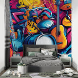 Graffiti music wallpaper bringing urban vibe to living room with jazz instruments design