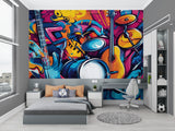 Music themed wall mural showcased in urban café with street art graffiti style