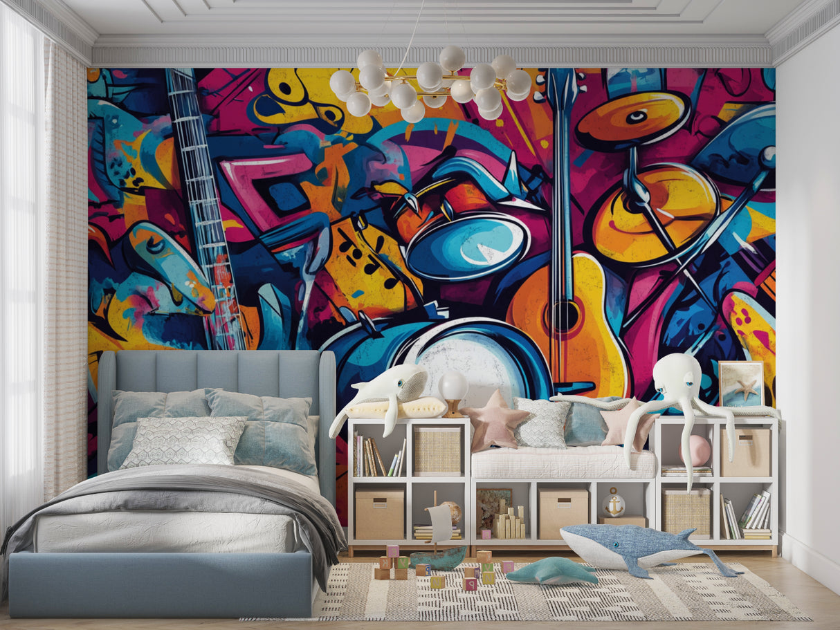 Urban graffiti wallpaper displaying musical instruments in modern office space