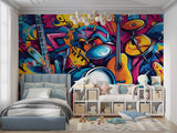 Urban graffiti wallpaper displaying musical instruments in modern office space