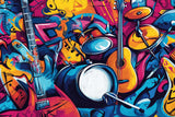 Design file showing full graffiti music pattern with vibrant instruments and street art elements