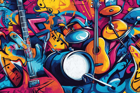 Design file showing full graffiti music pattern with vibrant instruments and street art elements