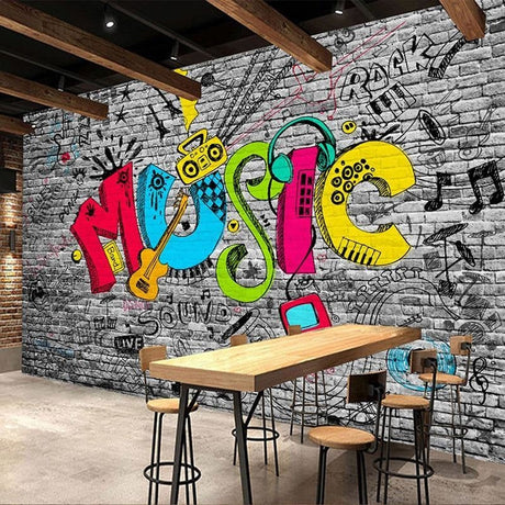 Music Graffiti Wall Mural bringing urban style to a modern teen bedroom with colorful street art design
