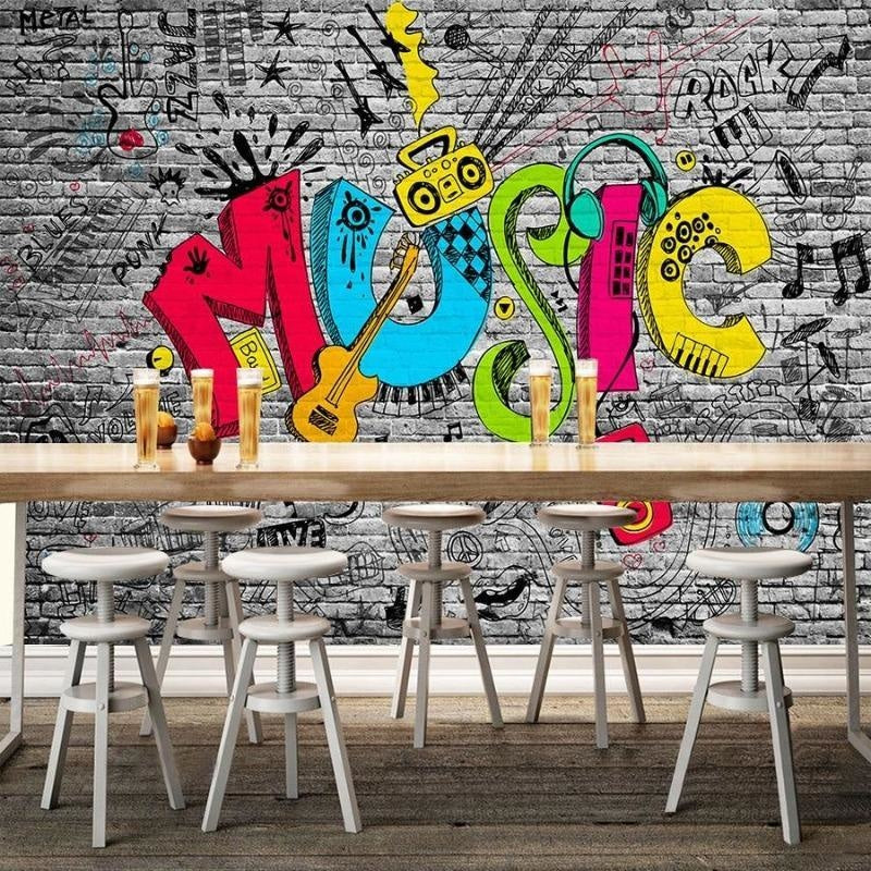 Street Art Music Wallpaper creating bold atmosphere in a home recording studio space