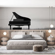 Piano silhouette wallpaper creating drama in modern living room with grey sofa and natural light