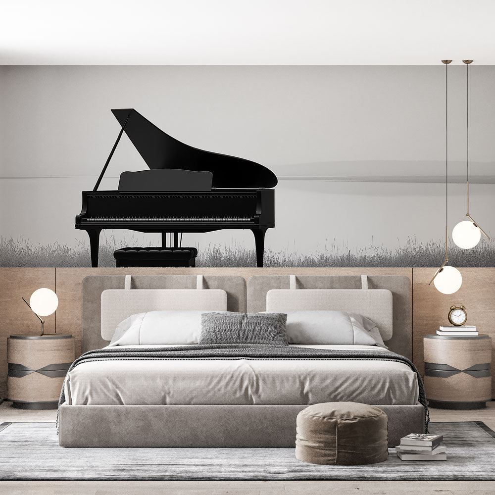 Piano silhouette wallpaper creating drama in modern living room with grey sofa and natural light