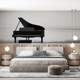 Piano silhouette wallpaper creating drama in modern living room with grey sofa and natural light