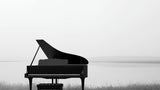 Grand piano lakeside silhouette design file showing misty waterfront landscape and dramatic contrast