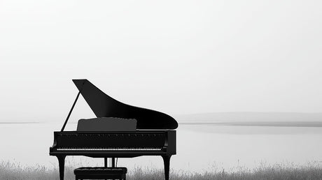 Grand piano lakeside silhouette design file showing misty waterfront landscape and dramatic contrast