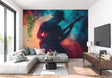 Music wall mural in modern living room showing guitarist silhouette against turquoise sunset