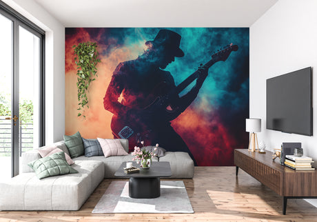 Music wall mural in modern living room showing guitarist silhouette against turquoise sunset