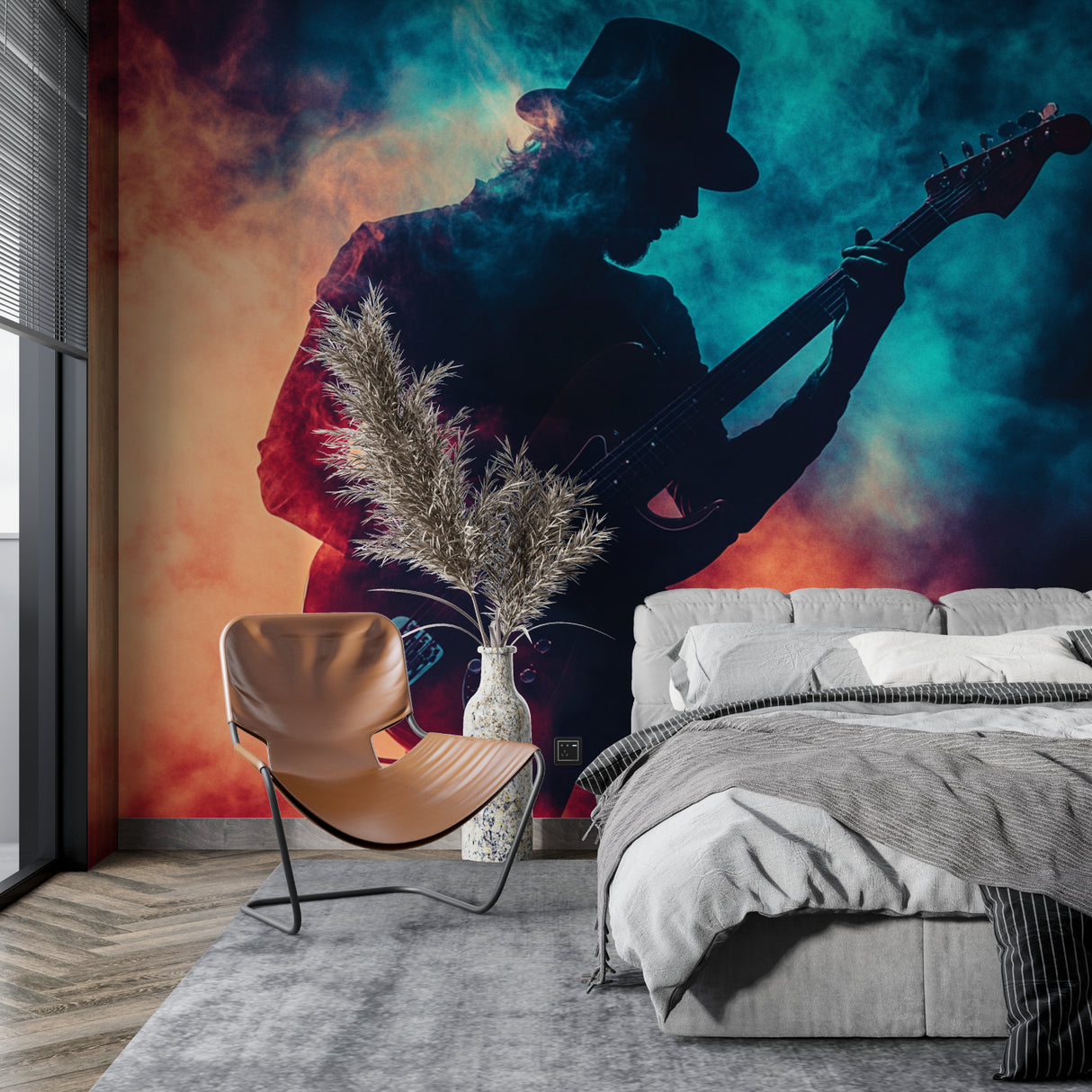 Guitar wall mural creating atmosphere in music studio space