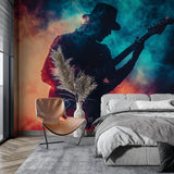 Guitar wall mural creating atmosphere in music studio space