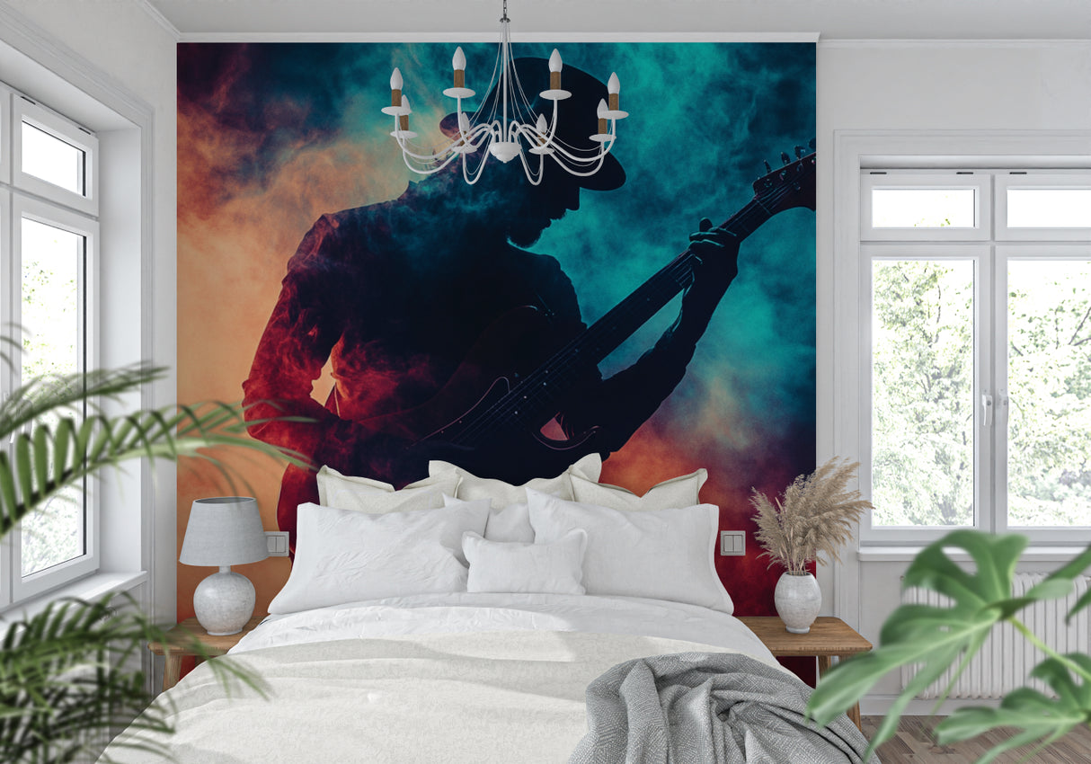 Musician wallpaper installation in teen bedroom with turquoise sunset theme