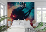 Musician wallpaper installation in teen bedroom with turquoise sunset theme