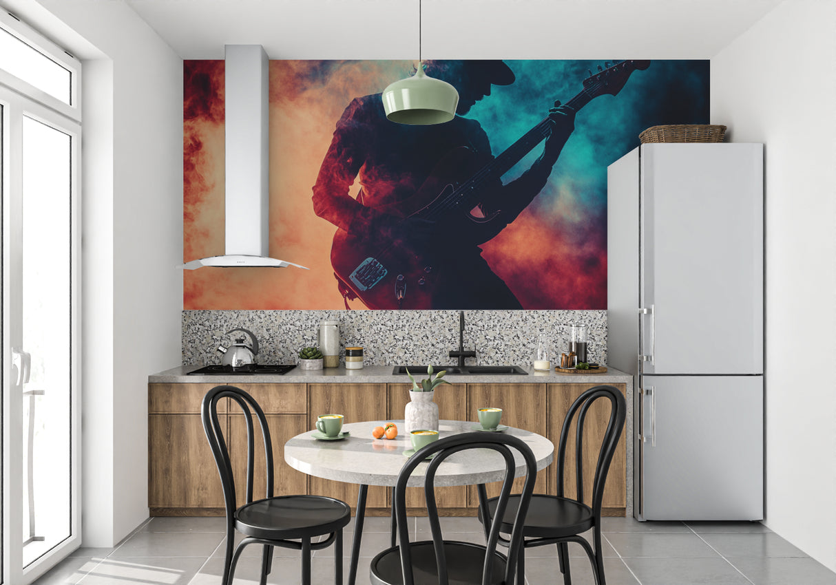 Rock and roll wallpaper showcased in entertainment room