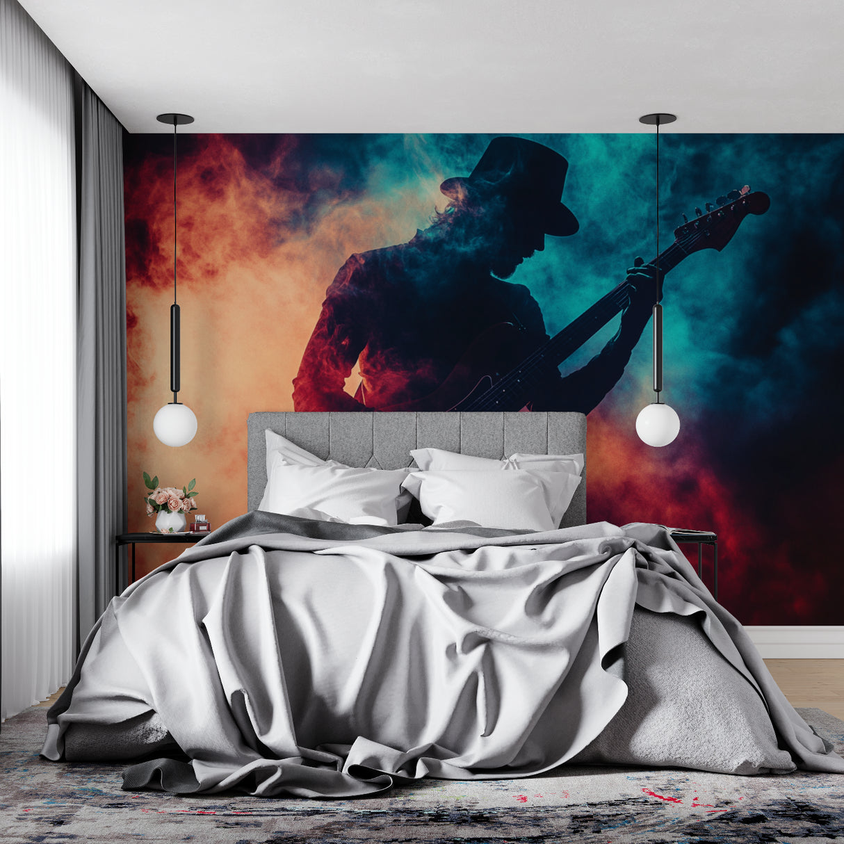 Music themed wall mural displayed in home recording studio