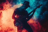 Music wall mural design file showing guitarist silhouette against vibrant turquoise sunset background