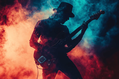 Music wall mural design file showing guitarist silhouette against vibrant turquoise sunset background