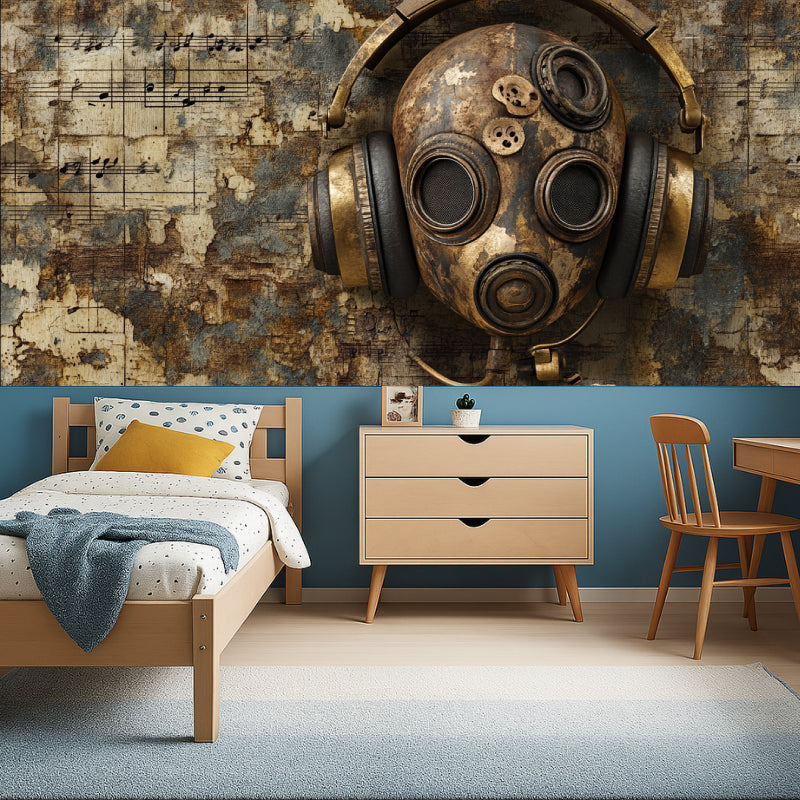 Music-themed steampunk mural in urban coffee shop interior