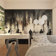 Music themed wallpaper with jazz band silhouettes creating atmosphere in modern living room