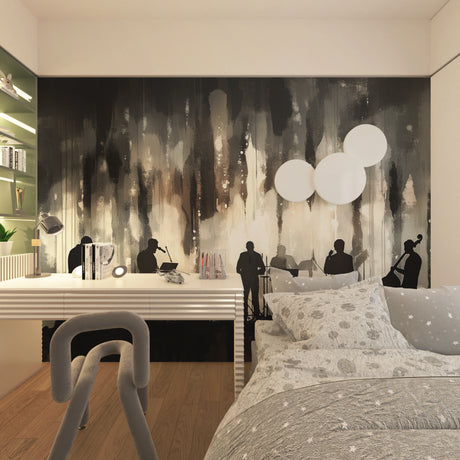 Music themed wallpaper with jazz band silhouettes creating atmosphere in modern living room