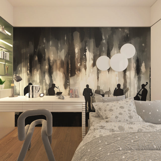 Music themed wallpaper with jazz band silhouettes creating atmosphere in modern living room