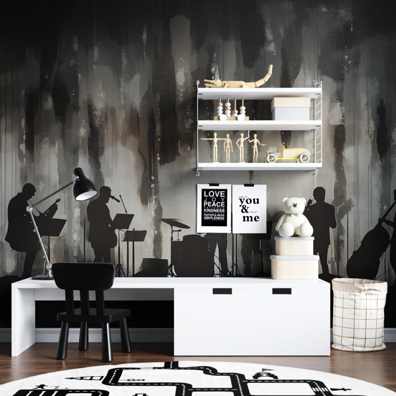 Musical wall mural featuring jazz musicians in elegant dining room setting