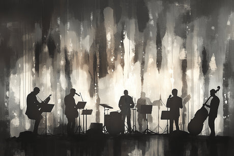 Design file of jazz musicians silhouettes on abstract grey background pattern