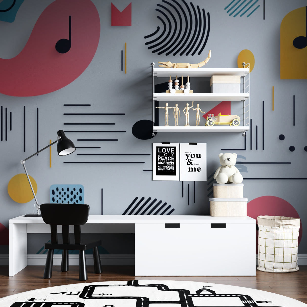 Modern music note wallpaper in bright teen bedroom showing coral and turquoise geometric pattern