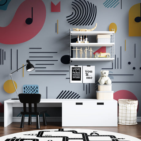 Modern music note wallpaper in bright teen bedroom showing coral and turquoise geometric pattern