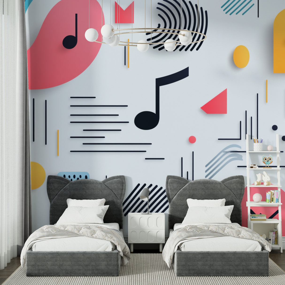 Abstract music wallpaper design featured in modern home office with creative workspace