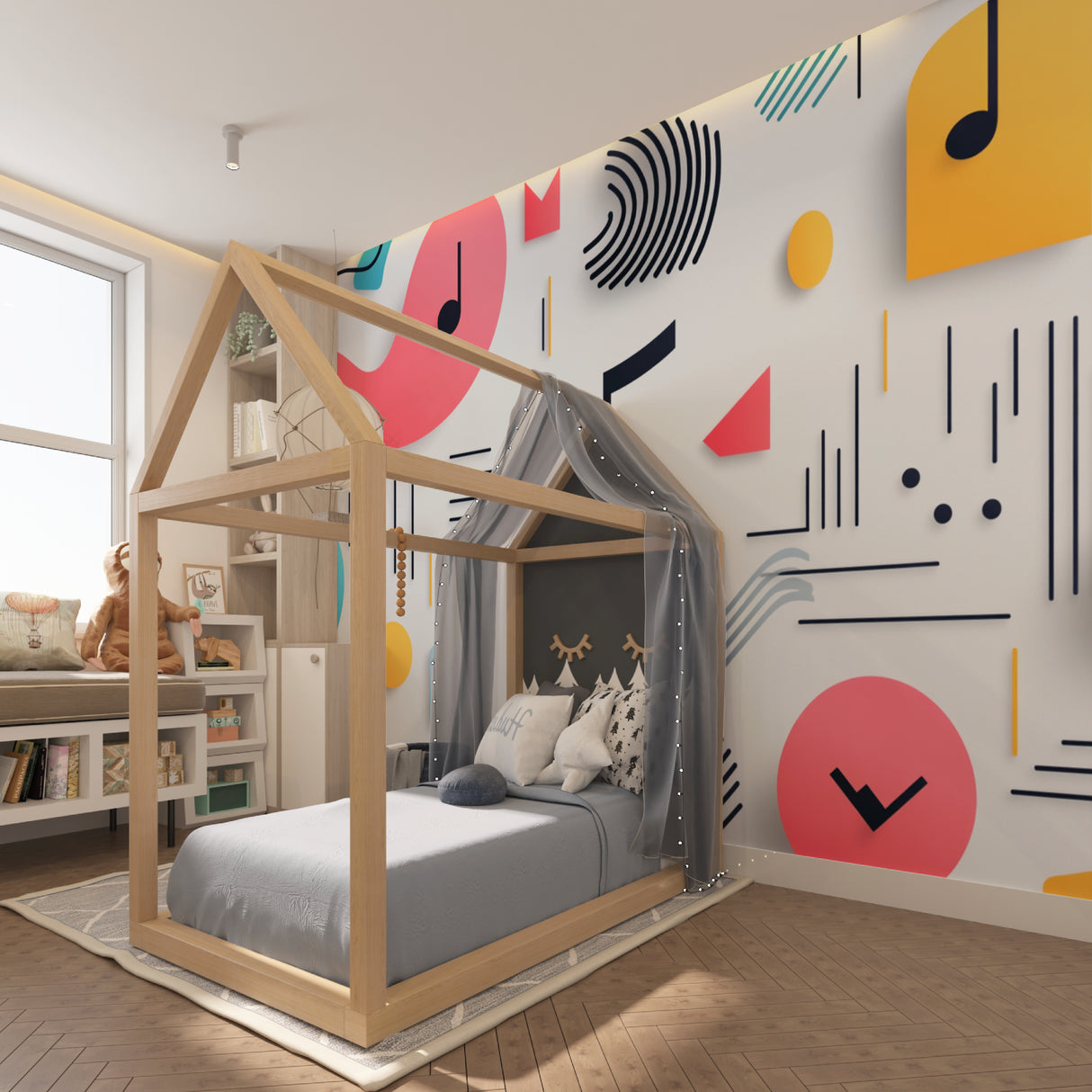 Contemporary music theme wall mural displayed in music room with piano