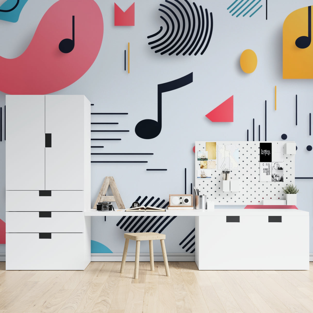 Geometric music note pattern wallpaper showcased in living room setting