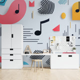 Geometric music note pattern wallpaper showcased in living room setting